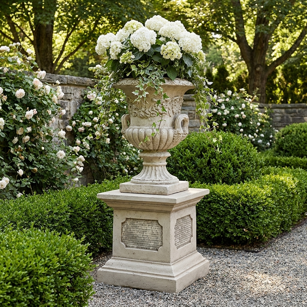 Image principale du socle en pierre pour statue ou vase Médicis avec tête de bélier - illustration du produit en situation au jardin