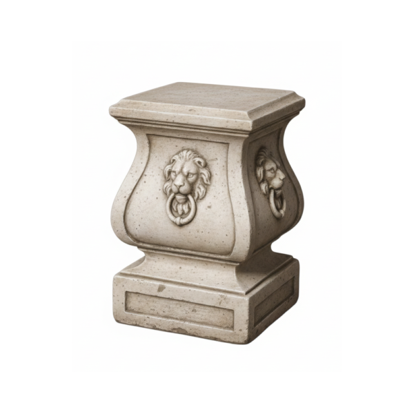 Image principale du socle en pierre reconstituée tête de lion, illustration générée non contractuelle, finition vieillie, référence 215350