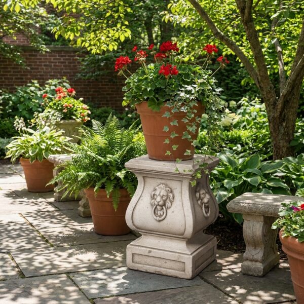 Socle en pierre reconstituée tête de lion avec pot de fleurs sur terrasse, référence 215350