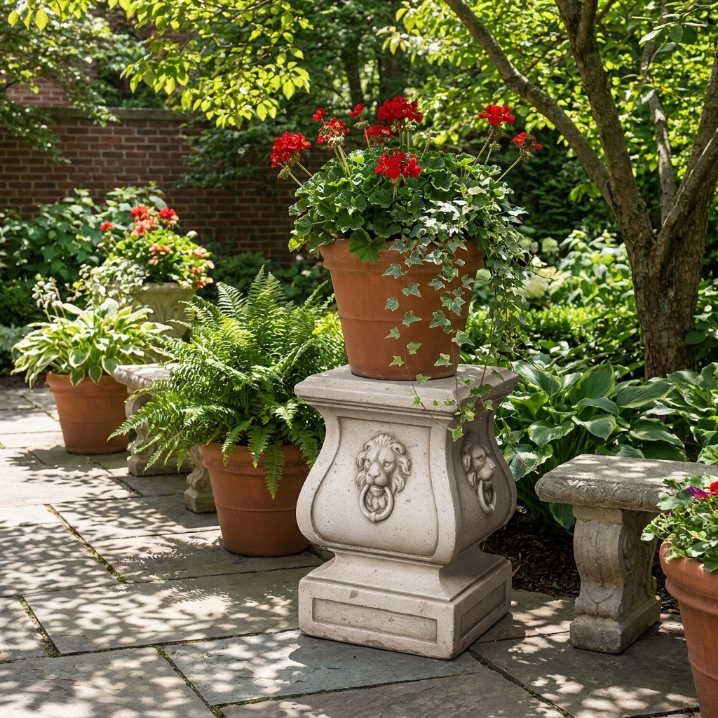 Socle en pierre reconstituée tête de lion avec pot de fleurs sur terrasse, référence 215350