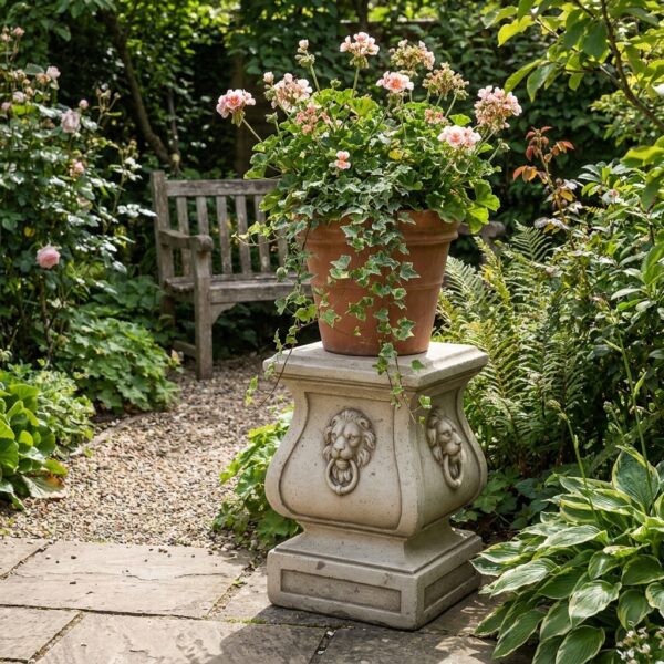 Socle en pierre reconstituée orné de têtes de lions avec pot de fleurs, posé dans un jardin, 215350