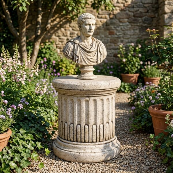 Socle rond pour statue cannelé - Ø 36 cm - ton vieilli, référence 215348, exposé en extérieur avec buste décoratif