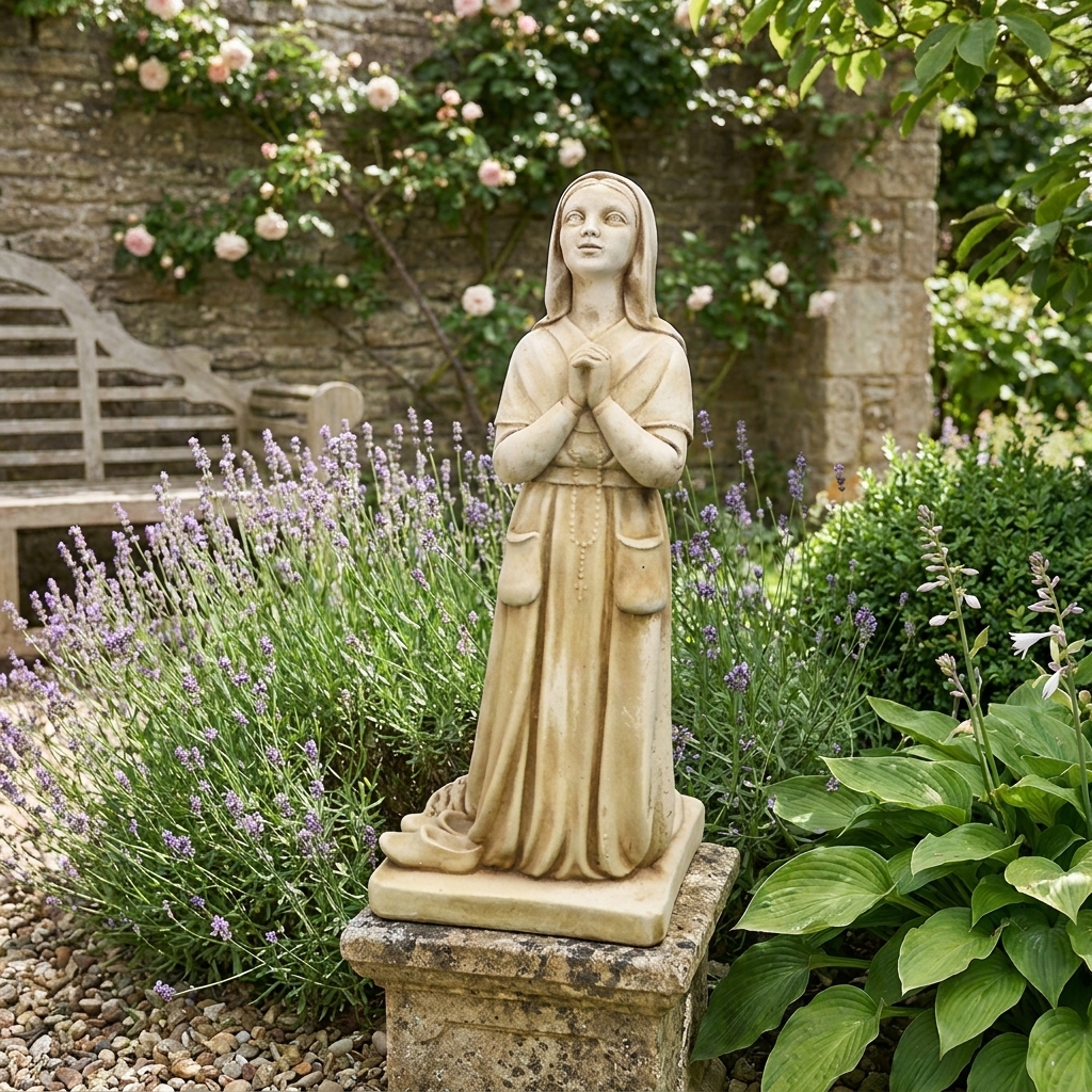 statue bernadette de lourdes - vue principale de la statue en pierre reconstituée dans un jardin fleuri - référence 215336