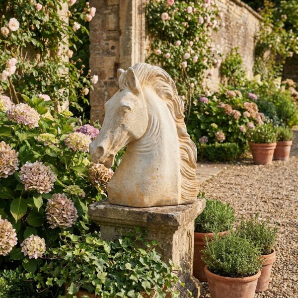 Statue cheval en pierre, buste - produit 211051 exposé dans un jardin avec une finition ton vieilli.