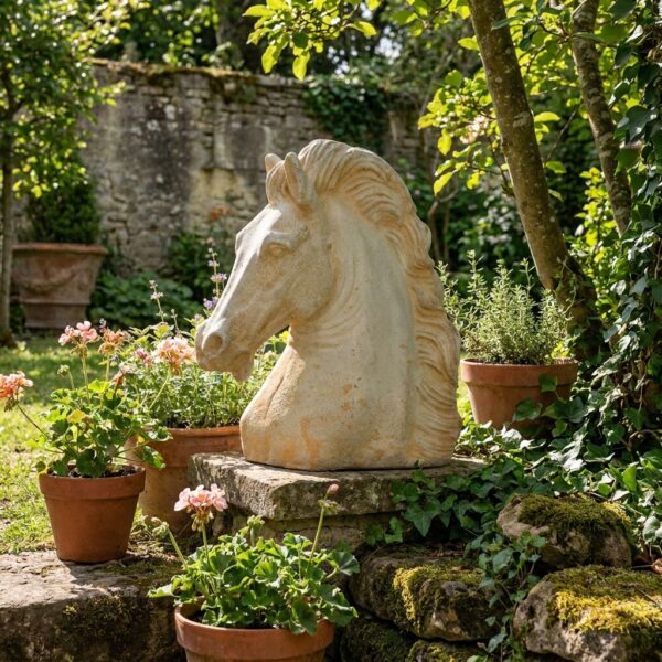 Statue cheval en pierre, buste de 35 cm, ton vieilli, exposé dans un jardin fleuri