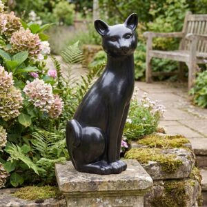 statue de chat décoratif en pierre - vue principale en extérieur - référence 215959