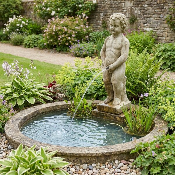 Statue Manneken Pis en pierre reconstituée, jet d'eau continu, 75 cm, ton vieilli - 216049