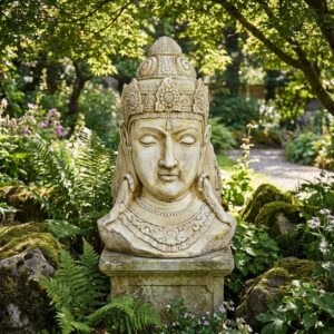Image principale du buste de la statue Shiva extérieure en pierre au ton vieilli dans un jardin, référence 215288