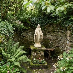 Statue Vierge Miraculeuse 48 cm ton vieilli dans un jardin calme, référence VP2010ARJ
