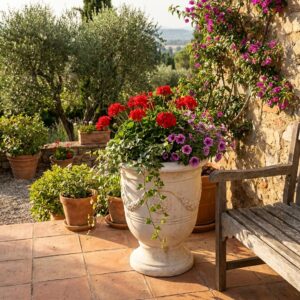 Vase d Anduze en pierre ton vieilli sur terrasse avec plantes fleuries