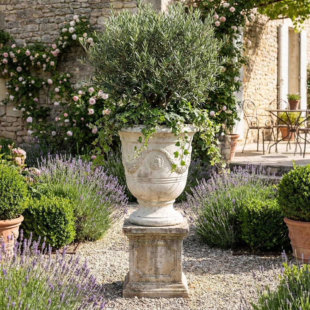 Vase d'Anduze en pierre - Ø 49 cm - ton vieilli 2 Vase d Anduze en pierre - Ø 49 cm - ton vieilli dans un jardin fleuri, référence 213155