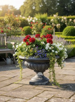 Vase en pierre jardin Médicis avec fleurs, photo en situation dans un jardin 017001