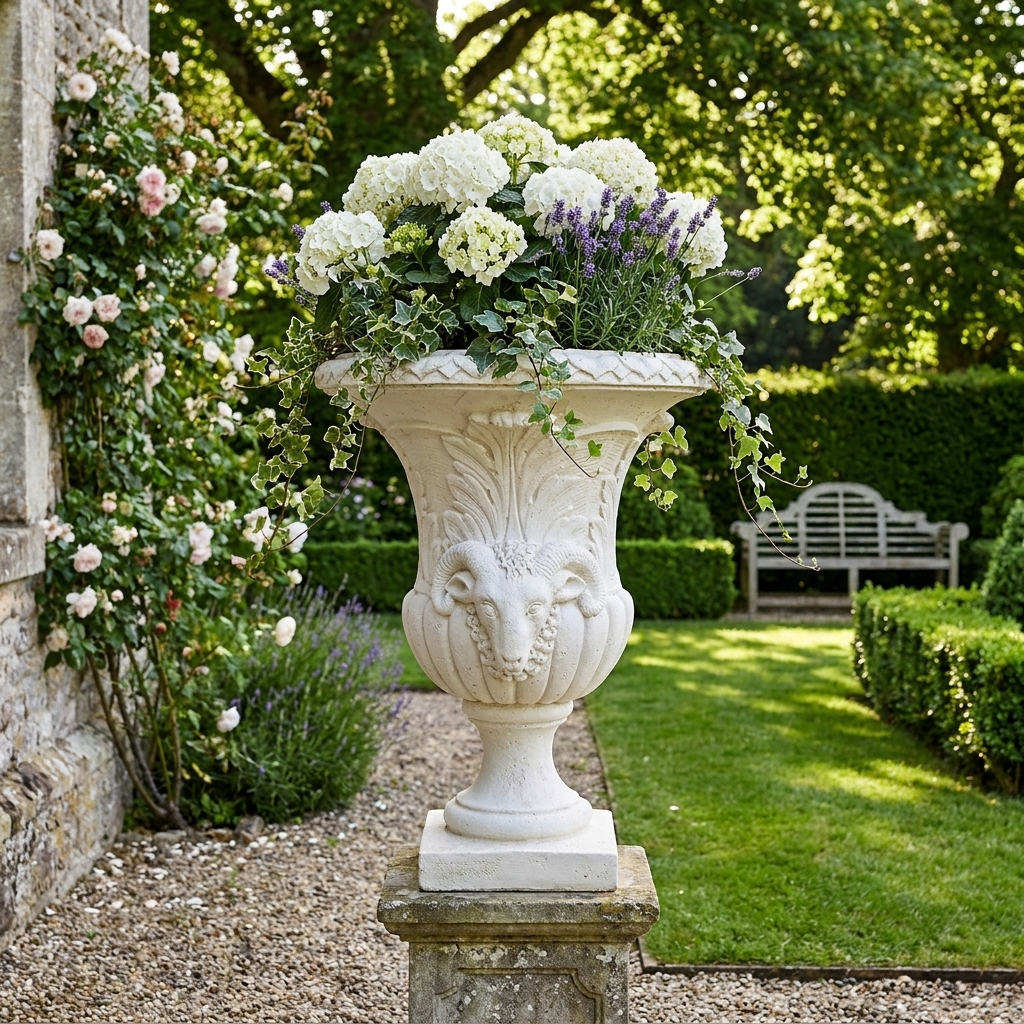 Vase Médicis tête de bélier - Ø 70 cm 2 Vase Médicis 70cm avec tête de bélier en pierre, référence 213156, disposé dans un jardin verdoyant