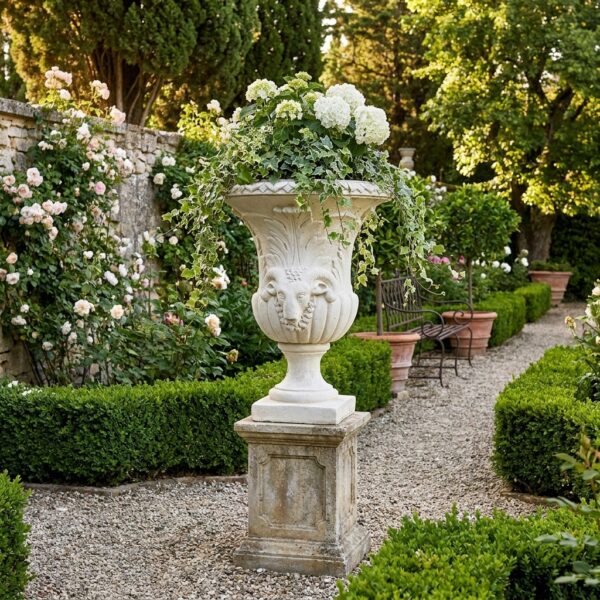 Vase médicis 70cm en pierre reconstituée avec tête de bélier, référence 213156, en situation dans un jardin