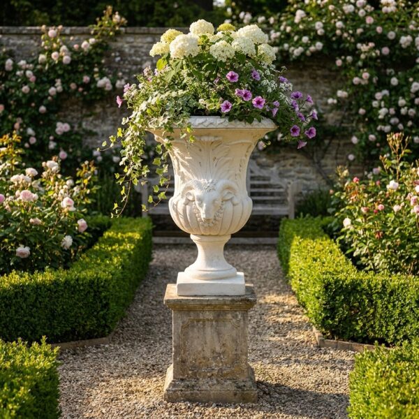 Image principale du vase Médicis 70cm avec décoration tête de bélier en pierre reconstituée dans un jardin