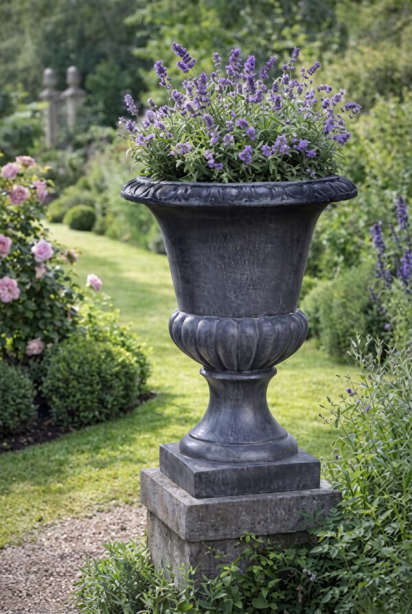 Vase Médicis ancien en pierre reconstituée avec fleurs, produit 017002