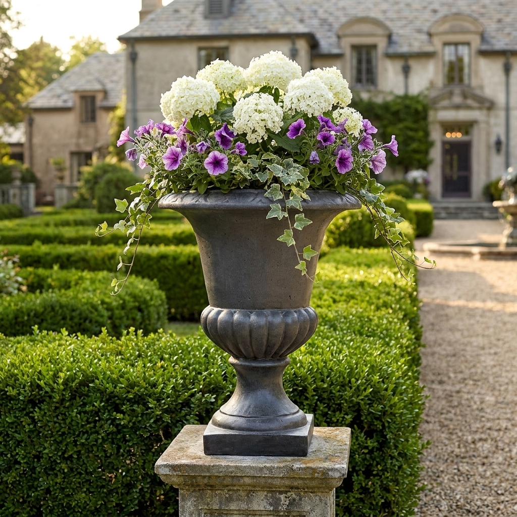 Vase médicis ancien aspect pierre sur socle en jardin 017002
