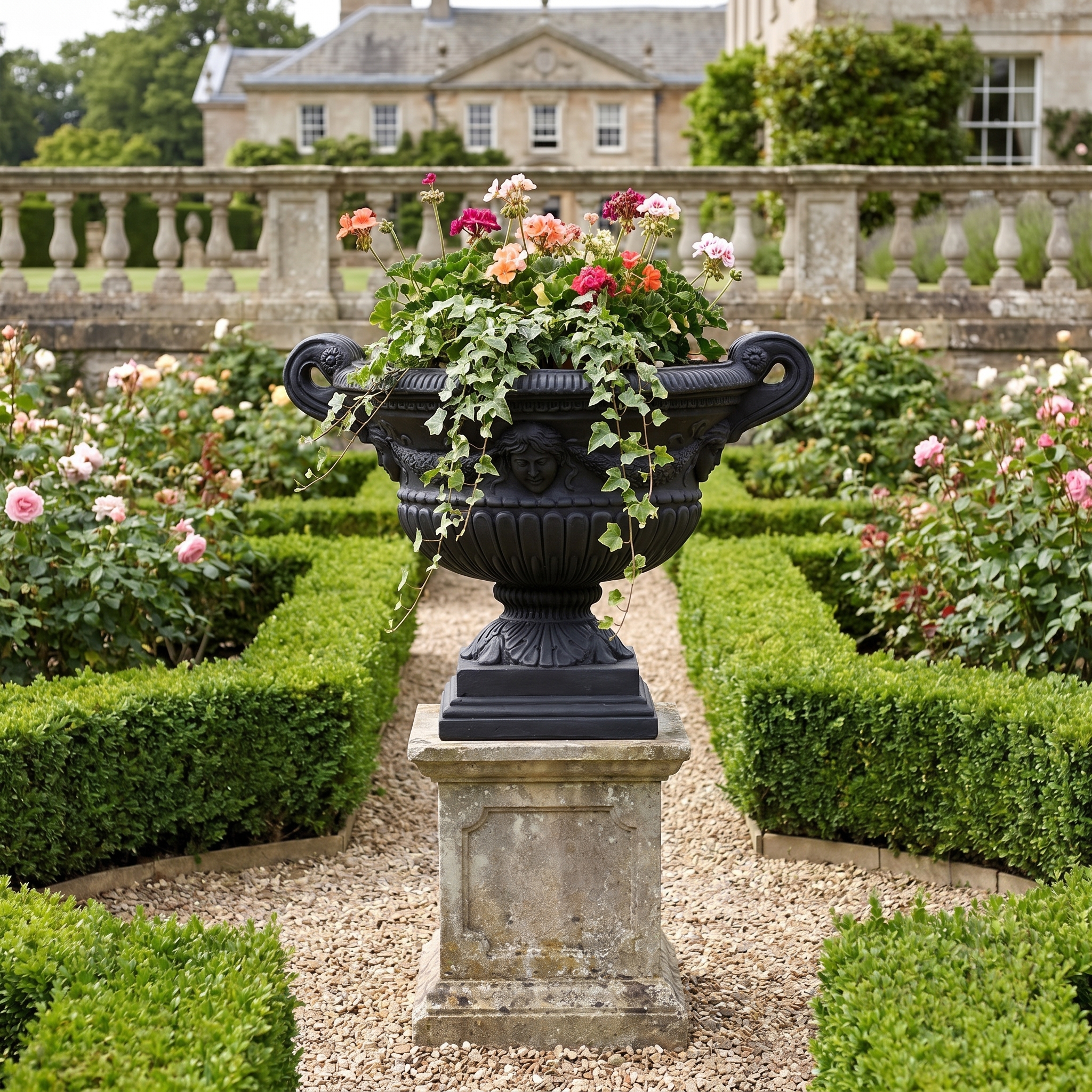 vasque en pierre noir Renaissance - 087324 - vue d'ensemble dans un jardin classique