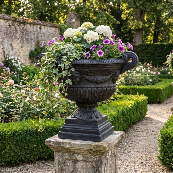 Vasque en pierre noire Renaissance dans un jardin, référence 087324.
